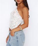 Women One Shoulder Lace Top Irregular Hem Backless Crop Tops See Through Sheer Tank Tops Going Out Clubwear