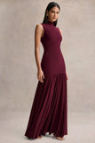 Gigi Burgundy High Neck Maxi Dress With Drop Waist And Sheer Skirt