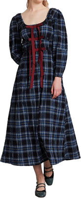 Women Plaid Maxi Dress Long Puff Sleeve Square Neck Flowy Boho Dress Bow Tie Smocked Fall Dresses