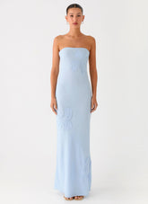 Sassafras Beaded Flower Strapless Maxi Dress Blue