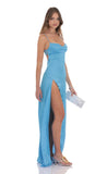 Cowl Neck Satin Open Back Maxi Dress in Light Blue