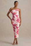 Tatian Pink and Orange Floral Print Twisted Asymmetric Midi Dress