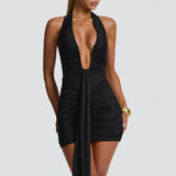 Women Deep V Neck Ruched Mini Dresses Backless Halter Dress Party Club Night