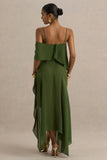 Tiara Green Asymmetric Midi Dress With Draping Detailing and Open Back