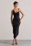 Fillie Black Satin Asymmetric Cowl Neck Midi Dress
