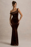 Neeka Brown Velvet Twisted Asymmetric Maxi Dress
