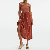 Women Floral Embroidered Maxi Dress Sleeveless Tie Shoulder Smocked Flowy Dress Boho Summer Sundresses with Pockets