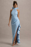 Maureen Powder Blue Satin High Neck Draped Maxi Dress