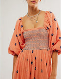 Women Floral Embroidered Maxi Dress Long Puff Sleeve Square Neck Bohemian Flowy Dress with Pockets Summer Fall