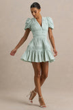 Laurelle Green Extreme Plunge Neck Mini Dress With Ruffling Detail