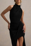 Hayden Black High Neck Draped Split Maxi Dress