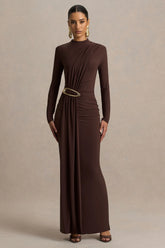 Zadie Brown High Neck Maxi Dress With Gathered Detail