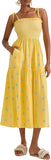 Women Floral Embroidered Maxi Dress Sleeveless Tie Shoulder Smocked Flowy Dress Boho Summer Sundresses with Pockets