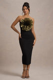 Moya Black Gold Bodycon Midi Dress With Corsage Detail