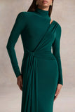 Alastrina Dark Green High Neck Maxi Dress With Gathered Detailing