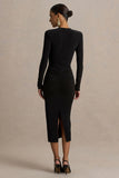 Ivara Black Plunge Neck Midi Dress With Ruched Detailing And Sash