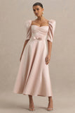 Rosey Pale Pink Satin Sweetheart Midi Dress