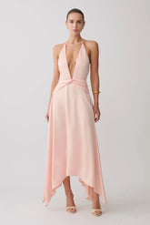 Cyra Plunge Satin Midi Dress Peach