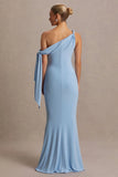 Orielle Powder Blue Asymmetric Neck Maternity Maxi Dress With Knot Sleeve And Sash