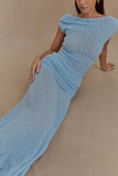 Petra Ruched Knit Maxi Skirt Light Blue