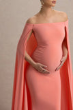 Radiance Coral Bardot Maternity Maxi Dress With Cape