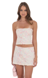 Floral Sequin Strapless Skirt in Cream