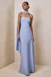 Charly Powder Blue Matte Satin Bandeau Maxi Dress With Scarf Detail