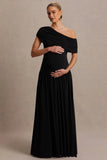 Noah Black Asymmetric Neck Maternity Maxi Dress With Drop Waist