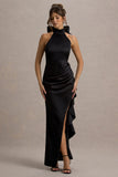 Maureen Black Satin High Neck Draped Maxi Dress