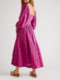 Women Floral Embroidered Maxi Dress Long Puff Sleeve Square Neck Bohemian Flowy Dress with Pockets Summer Fall
