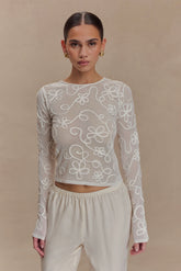 Omari Embroidery Long Sleeve Knit Top Ivory