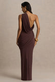 Elisa Brown Asymmetric Neck Maxi Dress With Open Back And Ruched Detailing