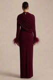 Gatsby Burgundy High Neck Maxi Dress With Feather Trim Cuffs