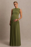 Outline Olive Crew Neck Maternity Maxi Dress With Pleated Skirt
