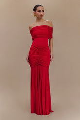 Caspian Slinky And Mesh Off Shoulder Maxi Dress Ruby
