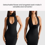 Women Sexy Backless Dress Halter Deep V Neck Detachable Flower Sleeveless Open Back Maxi Dress Cocktail Prom Formal Dresses