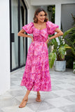 Women Floral Maxi Dress Short Puff Sleeve V Neck Bohemian Flowy Dress Smocked Casual Spring Summer Dresses