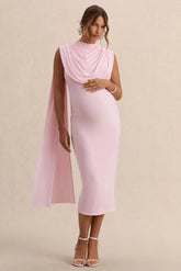 Milaine Light Pink Round Neck Maternity Midi Dress With Cape Sleeves