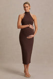 Mireille Brown Halter Neck Maternity Midi Dress