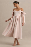 Agafay Rose Pink Satin Short Sleeve Bardot Wrap Midi Dress With Bow Detail