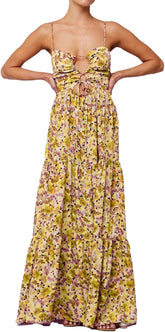 Women Floral Maxi Dress Tie Front Cut Out Backless Boho Spaghetti Strap Summer Beach Sundress