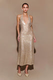 Genie Diamante Halter Midi Dress Nude