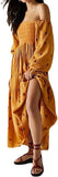 Women Floral Embroidered Maxi Dress Long Puff Sleeve Square Neck Bohemian Flowy Dress with Pockets Summer Fall