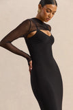 Coralia Black Asymmetric Neck Maxi Dress With Mesh Long Sleeves
