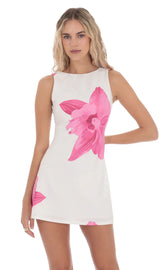 Floral High Neck Dress in White