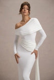 Valina White Ruched Asymmetric Maxi Dress With Drape