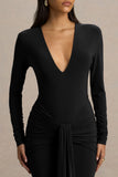 Saffie Black Extreme Plunge Wrap Maxi Dress With Long Sleeves And Ruched Detailing