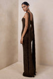 Massima Brown Lace Bandeau Maxi Dress With Scarf Detail