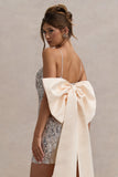 Sugar Off White Feathered Sequin Mini Dress With Satin Bow