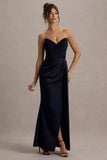 Edel Navy Satin Strapless Maxi Dress With Drape